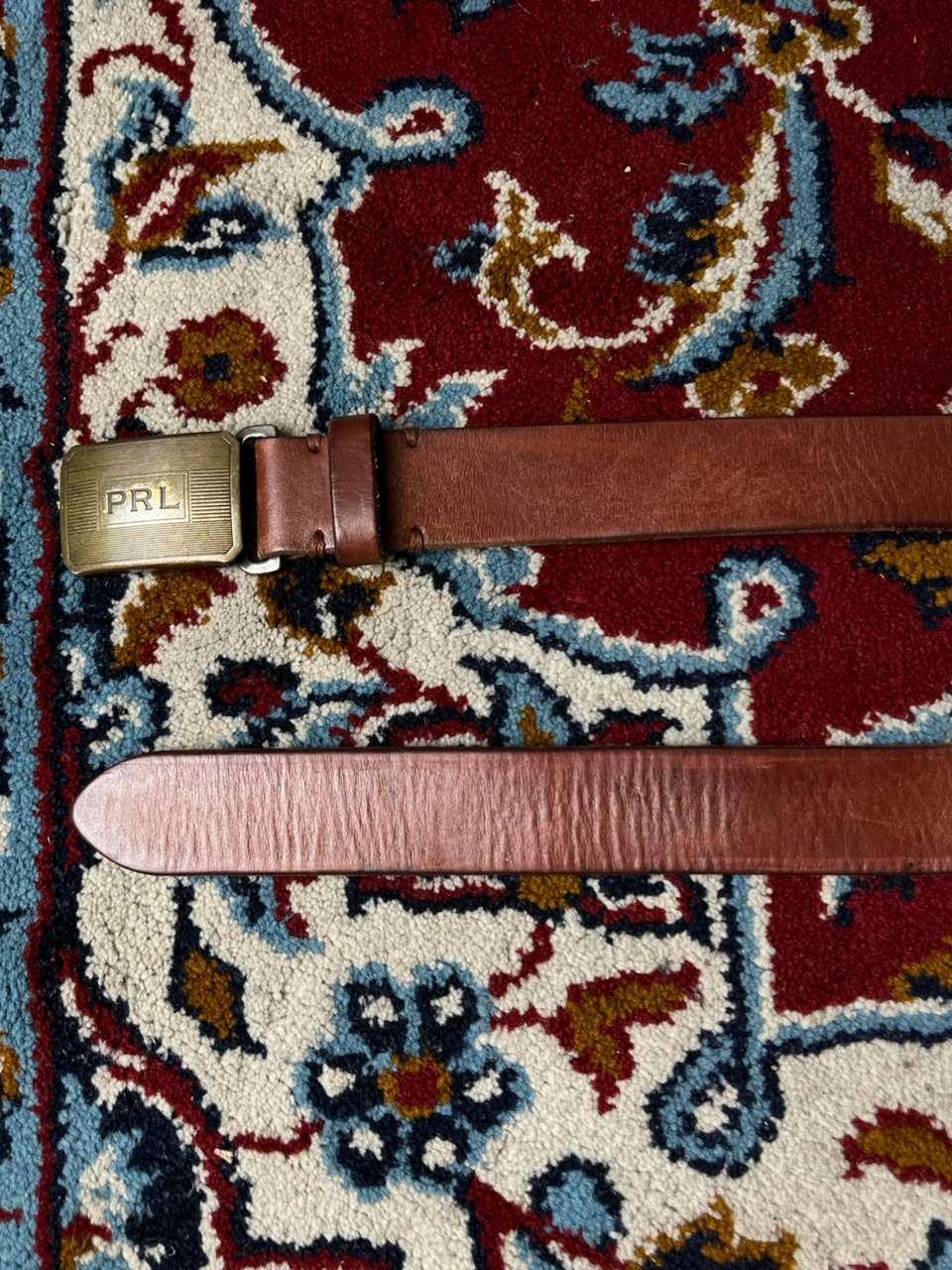 Polo Ralph Lauren Brown Leather Belt PRL Brass Engine Turned Plaque Buckle