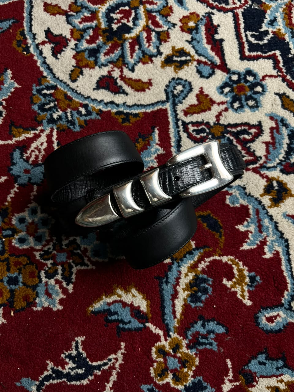 Neiman Marcus Black Lizard Leather Western Belt Silver Buckle  Made In Spain