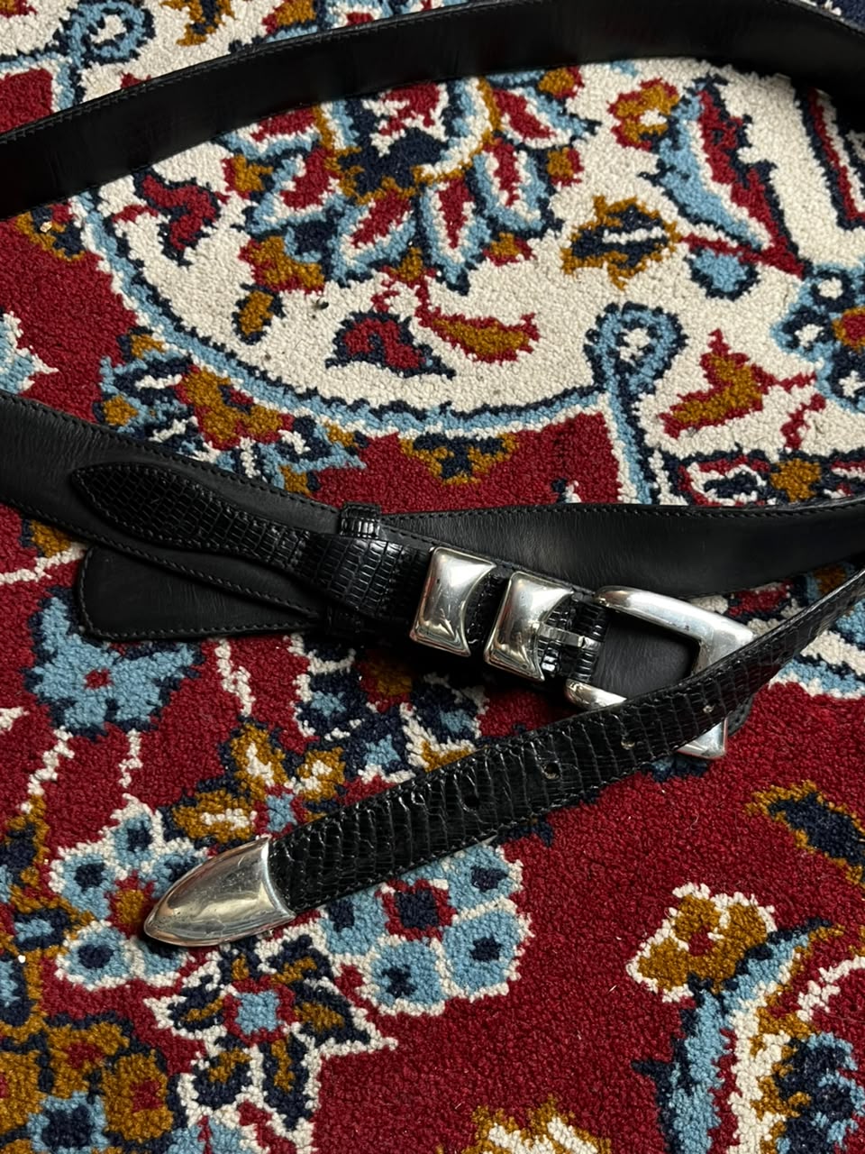 Neiman Marcus Black Lizard Leather Western Belt Silver Buckle  Made In Spain