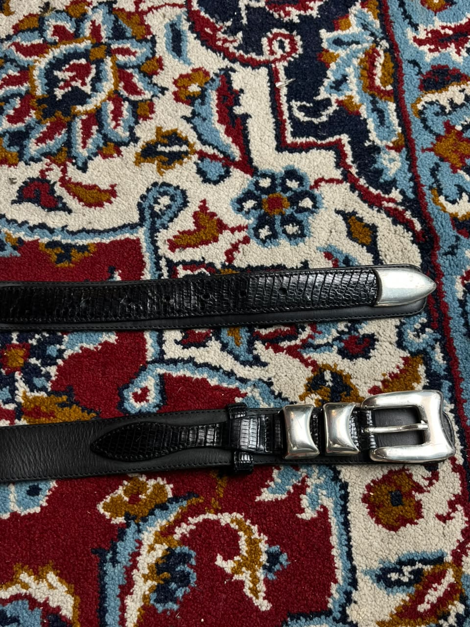 Neiman Marcus Black Lizard Leather Western Belt Silver Buckle  Made In Spain
