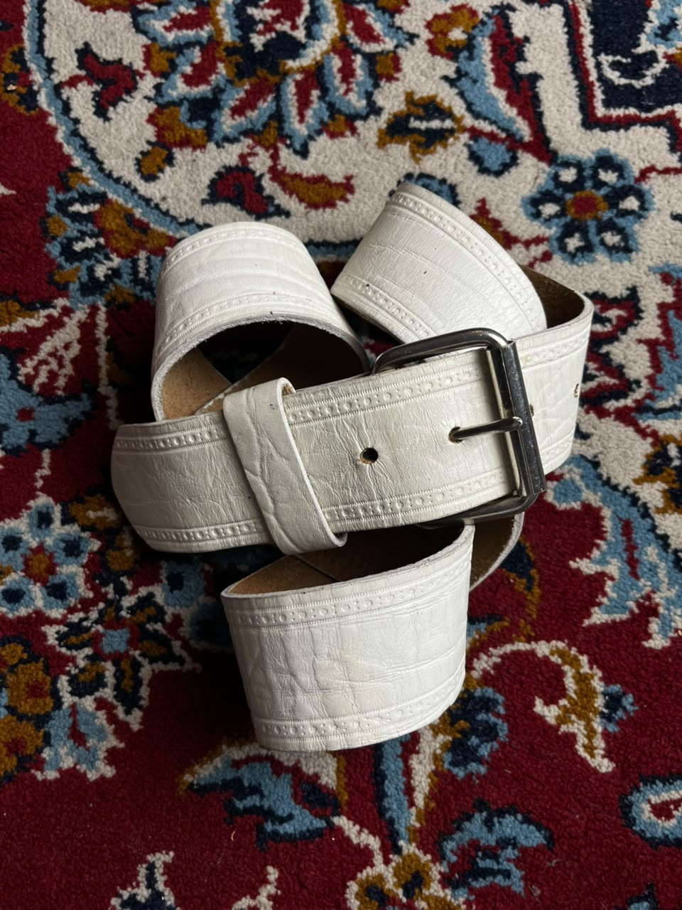 White Leather Belt Stitched Edge Detail Silver Buckle