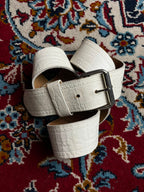 White Leather Belt Stitched Edge Detail Silver Buckle