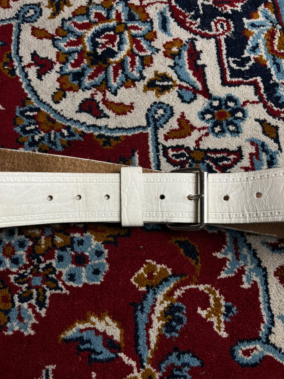 White Leather Belt Stitched Edge Detail Silver Buckle