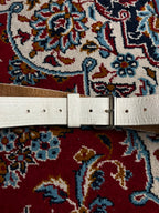 White Leather Belt Stitched Edge Detail Silver Buckle
