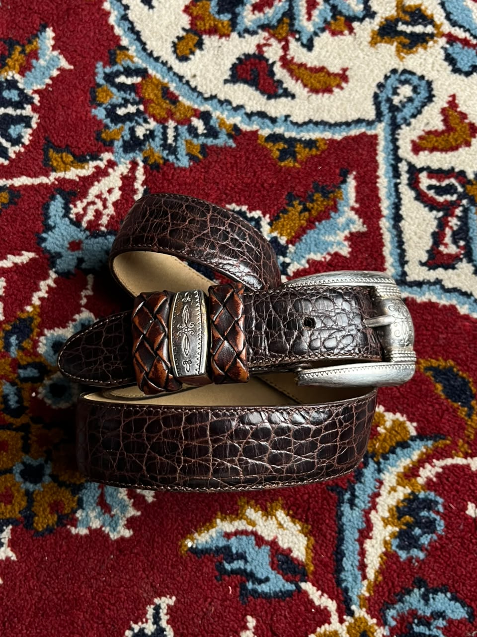 Brighton Croc Embossed Brown Leather Belt Silver Engraved Buckle