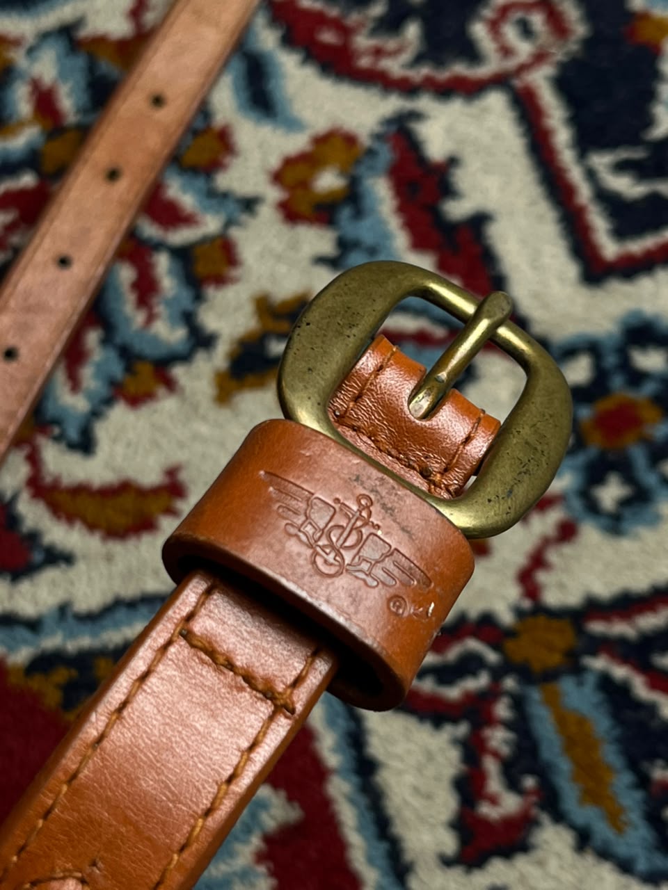 Dockers Cognac Leather Skinny Belt Stamped Logo Brass Buckle