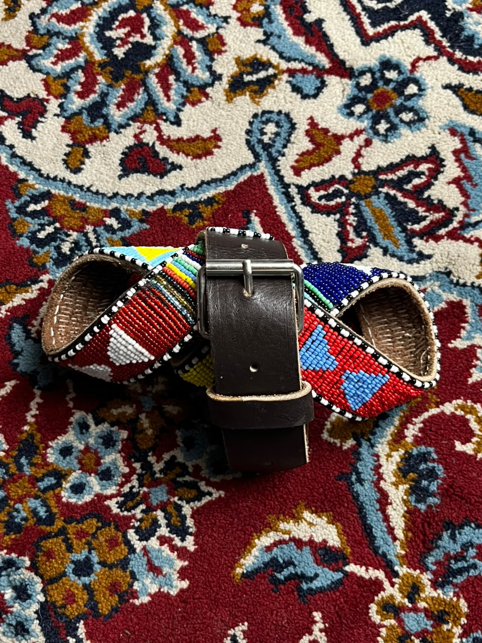 Beaded Leather Belt African Southwestern Tribal Geometric Silver Buckle