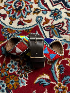 Beaded Leather Belt African Southwestern Tribal Geometric Silver Buckle