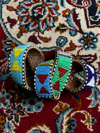Beaded Leather Belt African Southwestern Tribal Geometric Silver Buckle