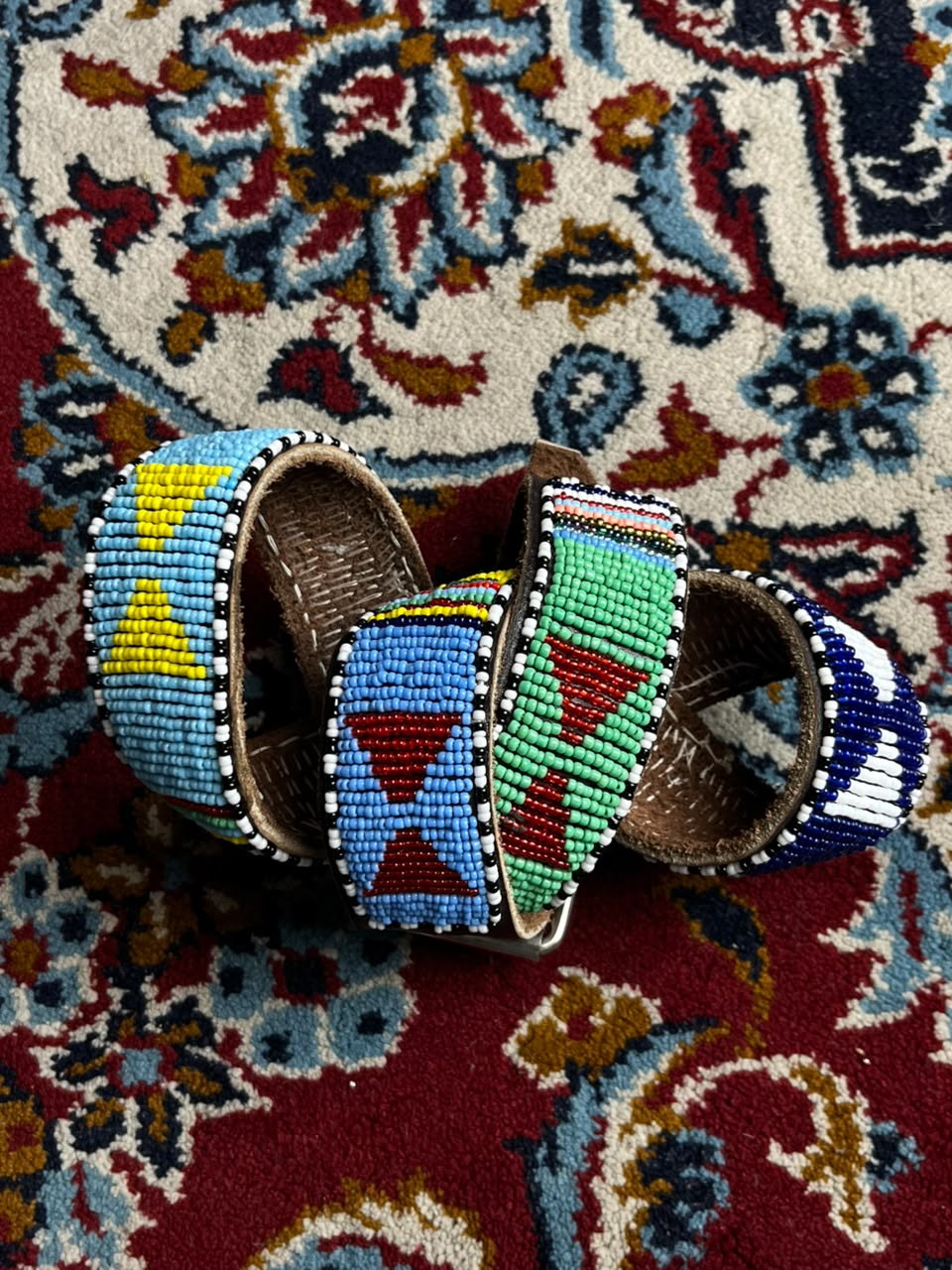 Beaded Leather Belt African Southwestern Tribal Geometric Silver Buckle