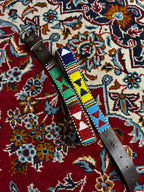 Beaded Leather Belt African Southwestern Tribal Geometric Silver Buckle