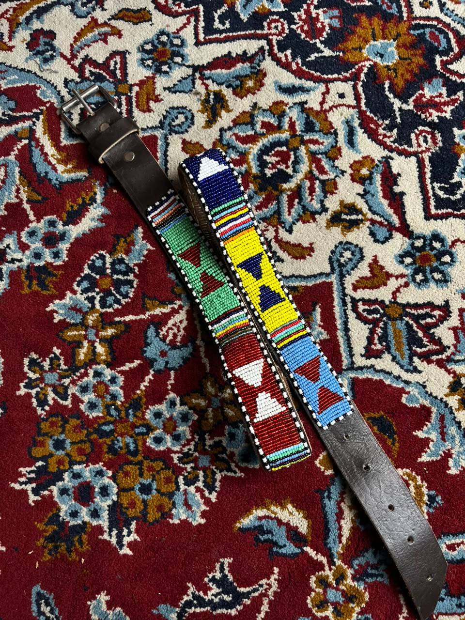 Beaded Leather Belt African Southwestern Tribal Geometric Silver Buckle