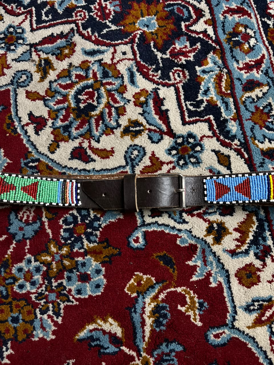 Beaded Leather Belt African Southwestern Tribal Geometric Silver Buckle