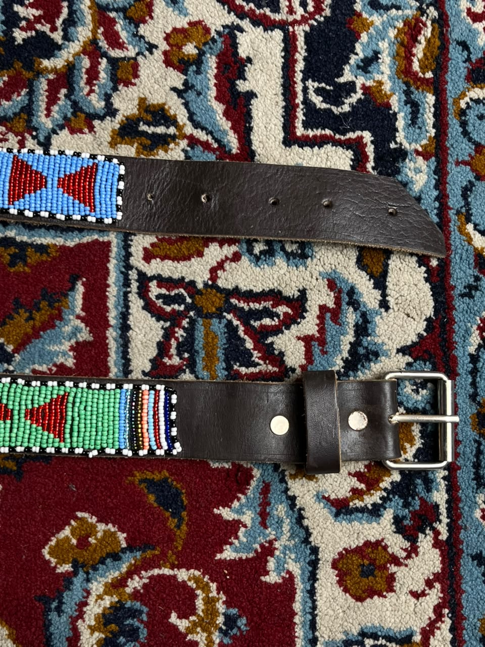 Beaded Leather Belt African Southwestern Tribal Geometric Silver Buckle