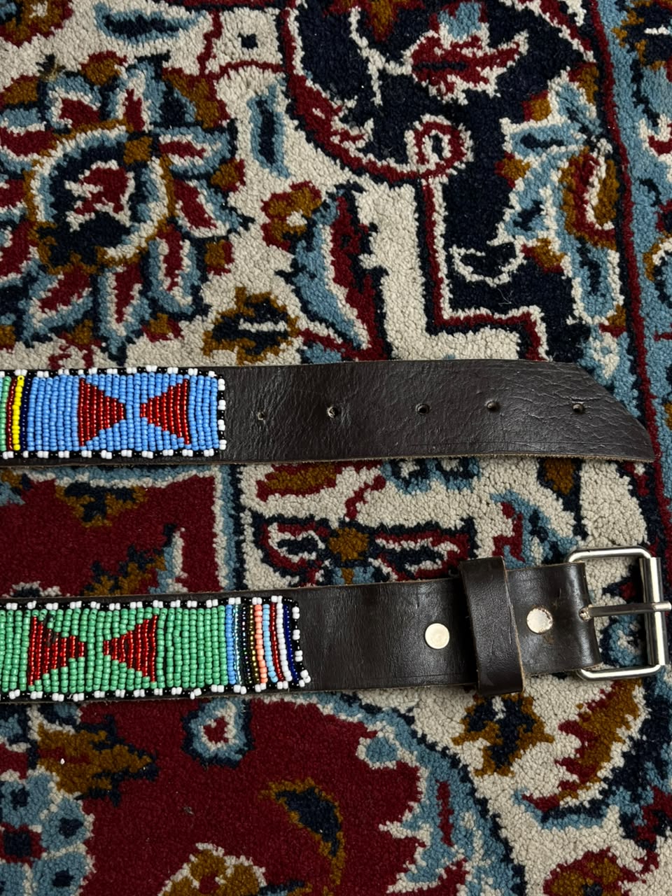 Beaded Leather Belt African Southwestern Tribal Geometric Silver Buckle