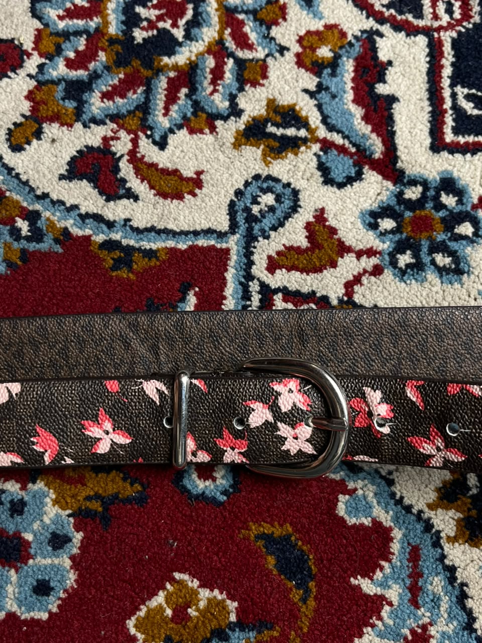 Michael Kors Brown Coated Canvas Floral Print Belt Silver Buckle Single Keeper