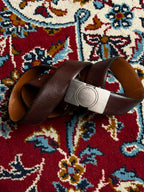 Dark Brown Leather Belt Brushed Silver Plate Buckle Made In Italy