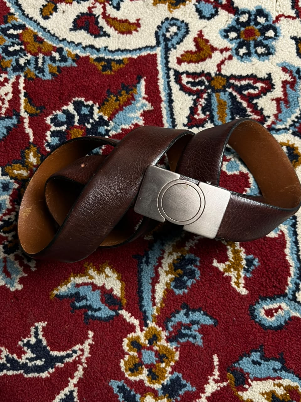Dark Brown Leather Belt Brushed Silver Plate Buckle Made In Italy