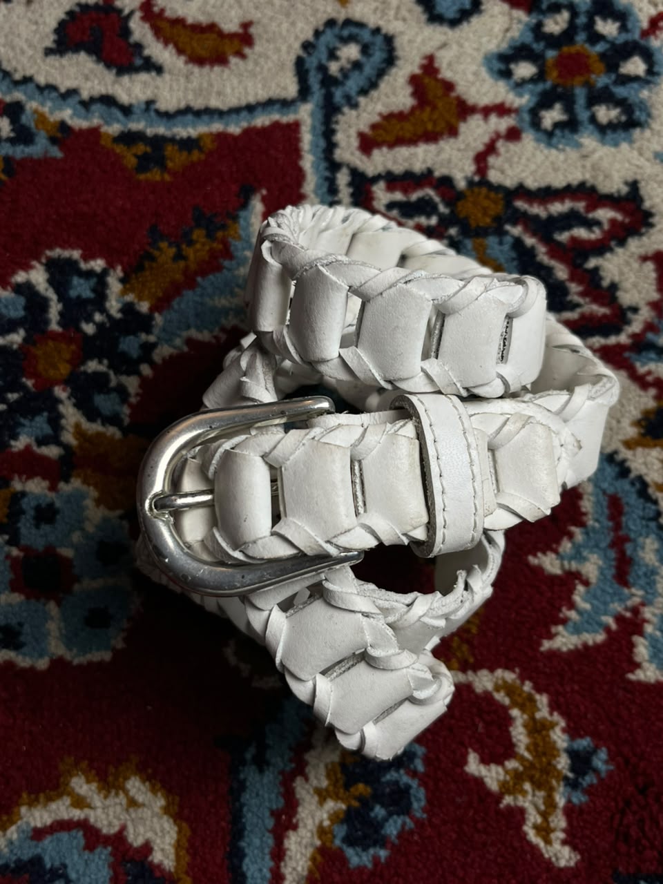 Vintage White Woven Leather Belt Silver Buckle Made In Guatemala