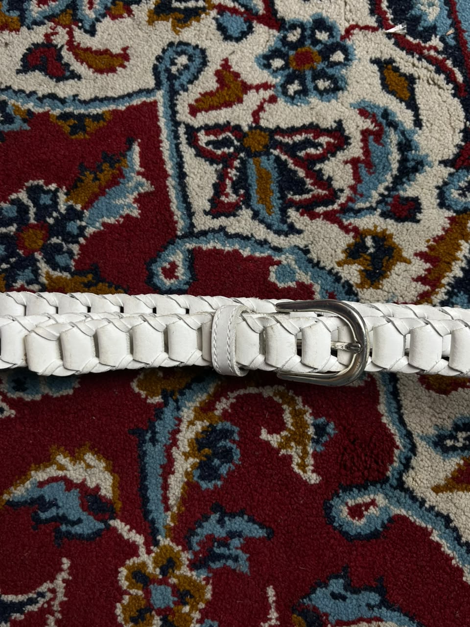 Vintage White Woven Leather Belt Silver Buckle Made In Guatemala