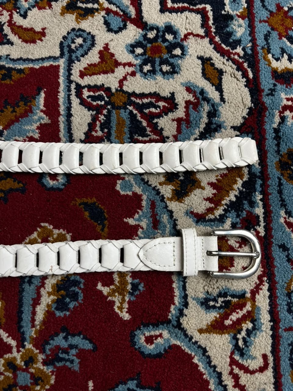 Vintage White Woven Leather Belt Silver Buckle Made In Guatemala