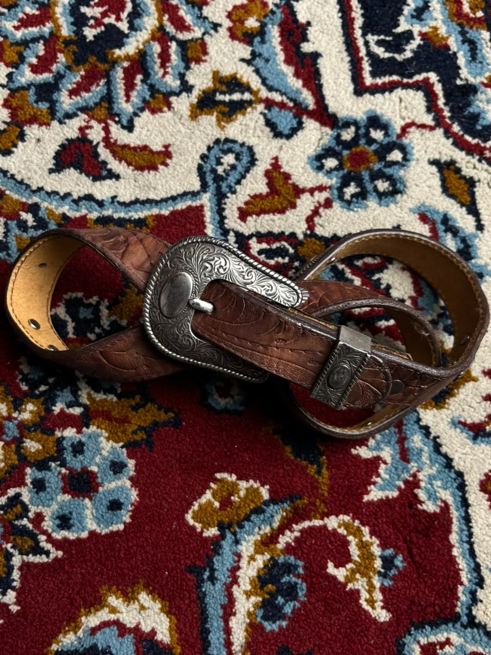 Vintage Western Brown Tooled Leather Belt Engraved Silver Buckle Conchos