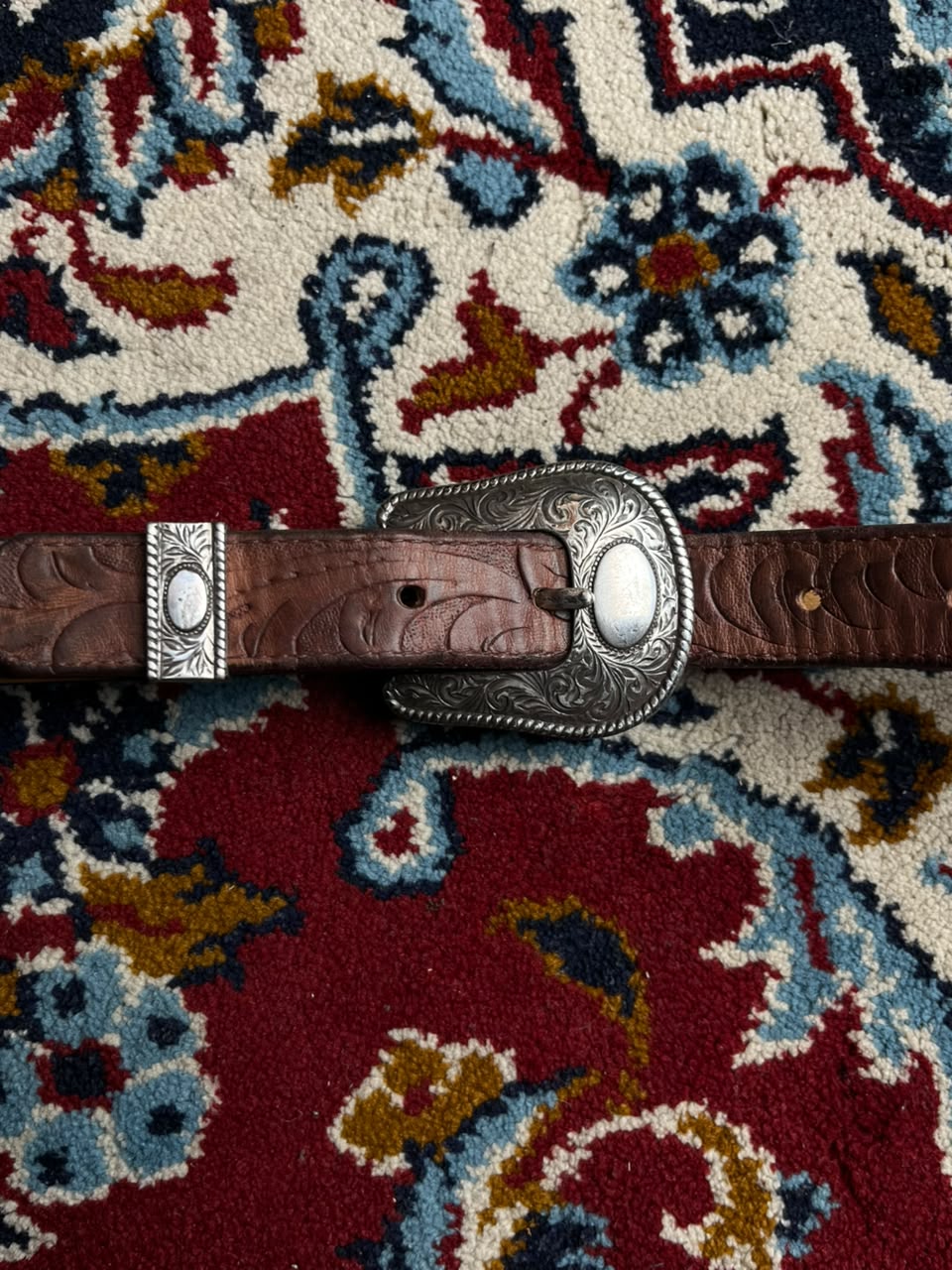 Vintage Western Brown Tooled Leather Belt Engraved Silver Buckle Conchos