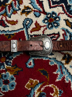 Vintage Western Brown Tooled Leather Belt Engraved Silver Buckle Conchos