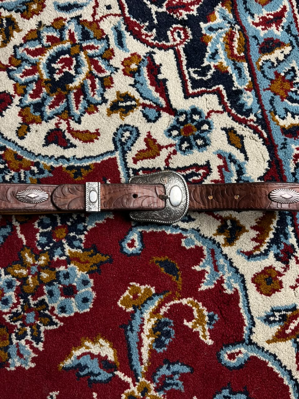 Vintage Western Brown Tooled Leather Belt Engraved Silver Buckle Conchos