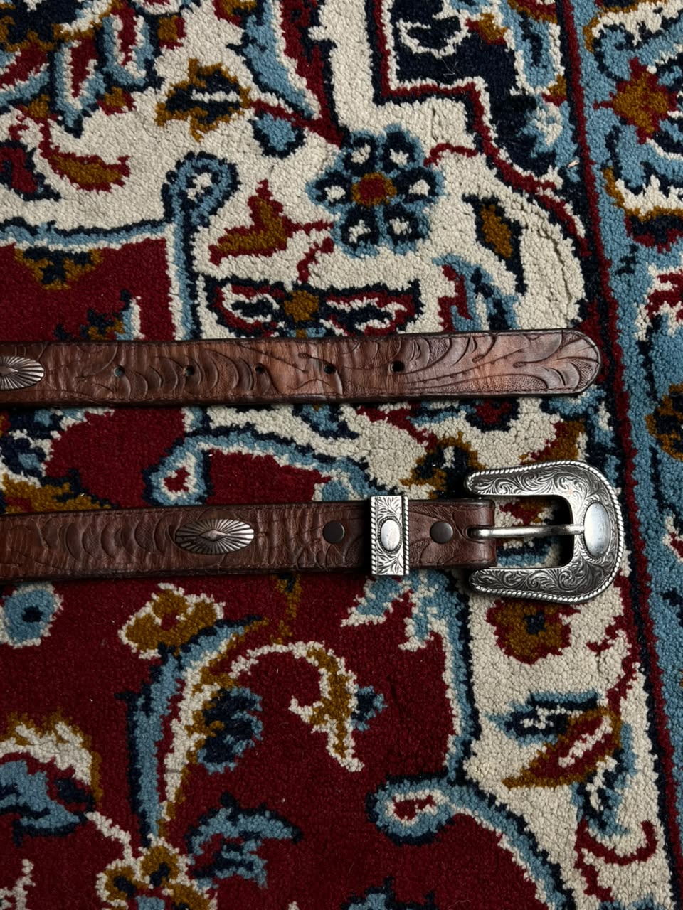 Vintage Western Brown Tooled Leather Belt Engraved Silver Buckle Conchos