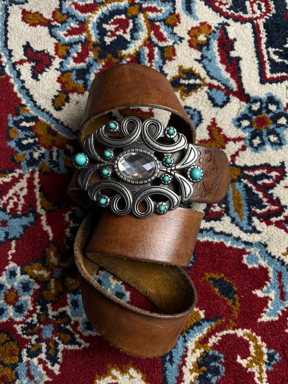 Vintage Boho Brown Leather Belt Stamped Mushroom Detail Turquoise Crystal Oval Buckle