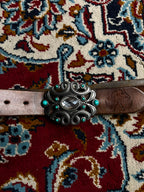 Vintage Boho Brown Leather Belt Stamped Mushroom Detail Turquoise Crystal Oval Buckle