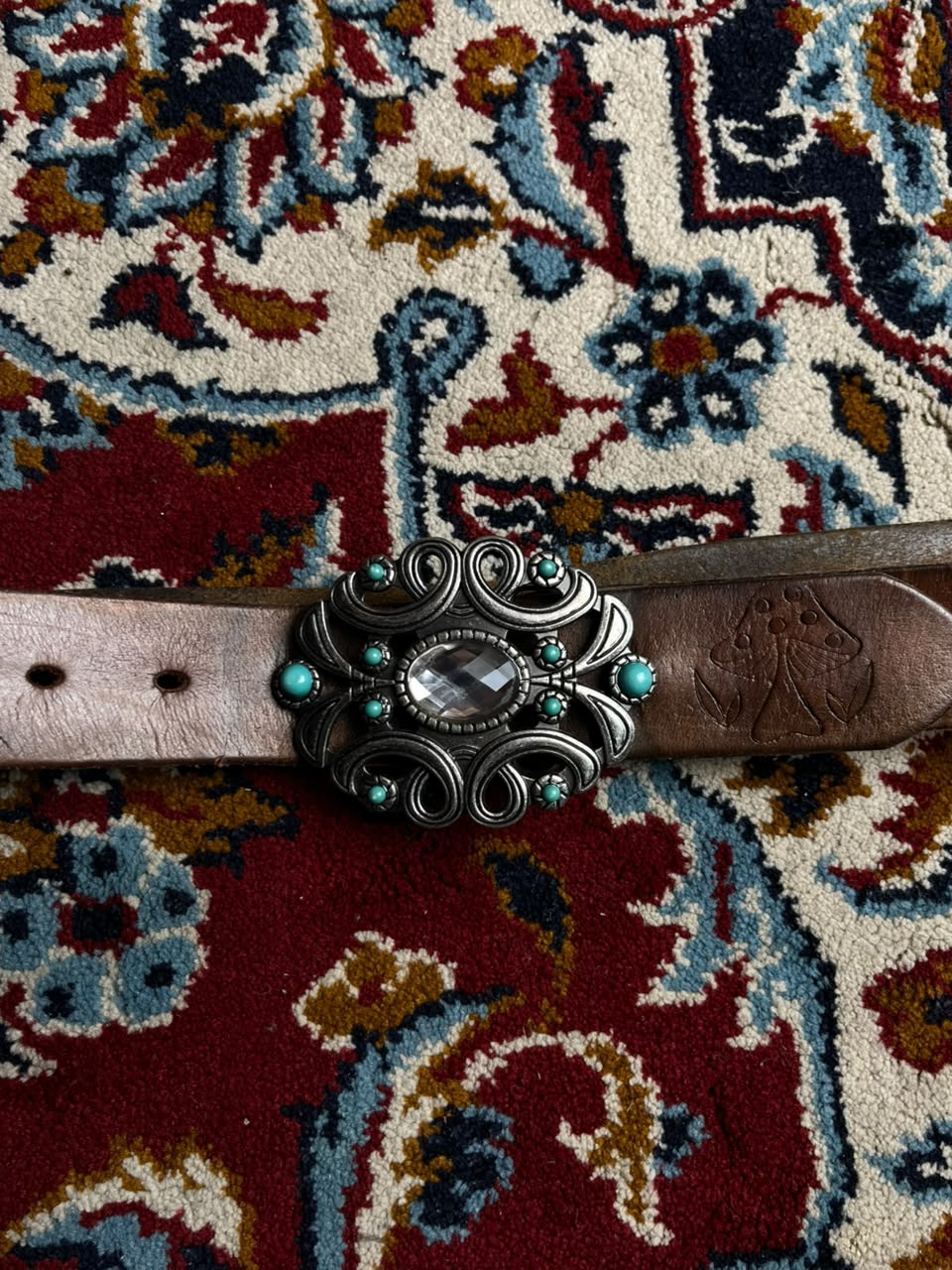 Vintage Boho Brown Leather Belt Stamped Mushroom Detail Turquoise Crystal Oval Buckle