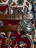 Vintage Boho Brown Leather Belt Stamped Mushroom Detail Turquoise Crystal Oval Buckle