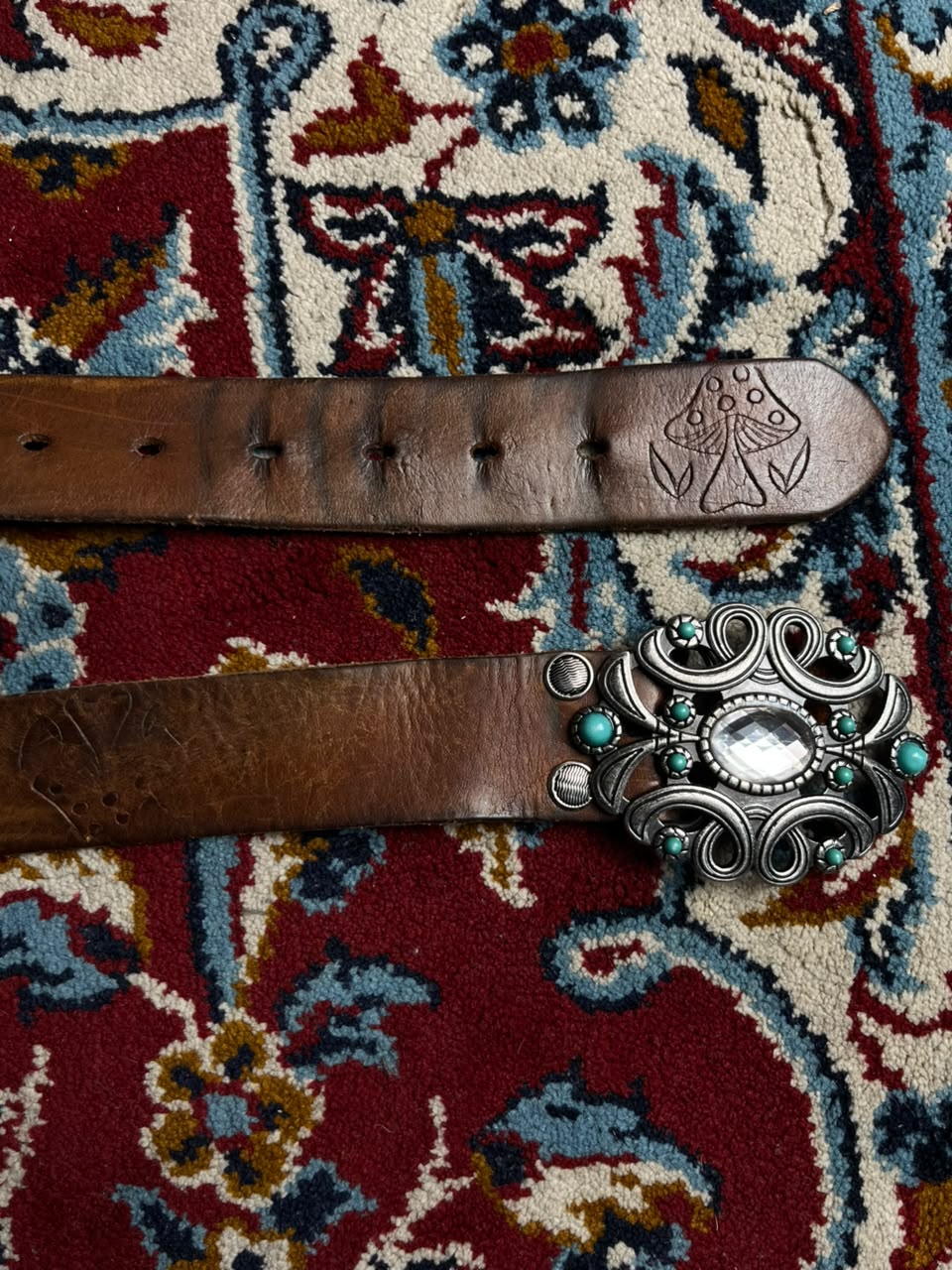 Vintage Boho Brown Leather Belt Stamped Mushroom Detail Turquoise Crystal Oval Buckle