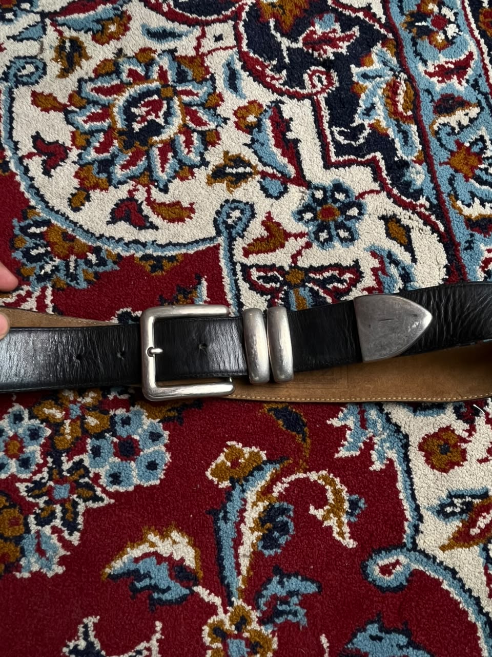 The Ritz Black Leather Belt Silver Buckle Double Loop Tip Made In Uruguay