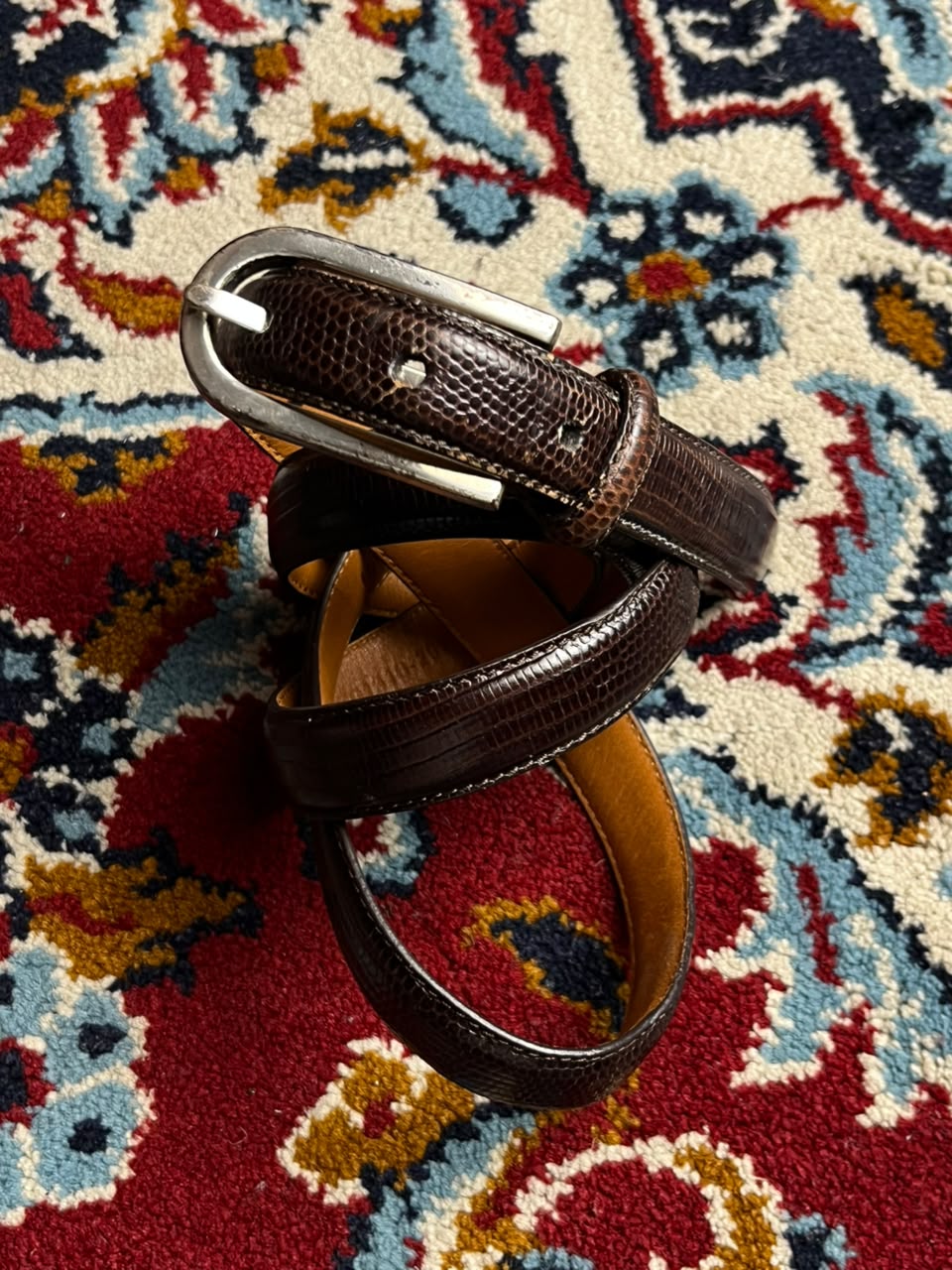 Lauren Ralph Lauren Brown Lizard Embossed Leather Belt Metal Logo Plaque Silver Buckle