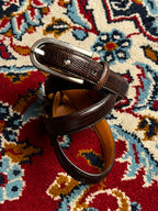 Lauren Ralph Lauren Brown Lizard Embossed Leather Belt Metal Logo Plaque Silver Buckle