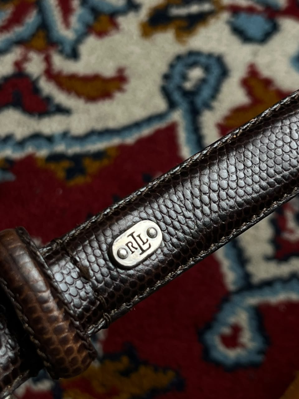 Lauren Ralph Lauren Brown Lizard Embossed Leather Belt Metal Logo Plaque Silver Buckle