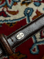Lauren Ralph Lauren Brown Lizard Embossed Leather Belt Metal Logo Plaque Silver Buckle