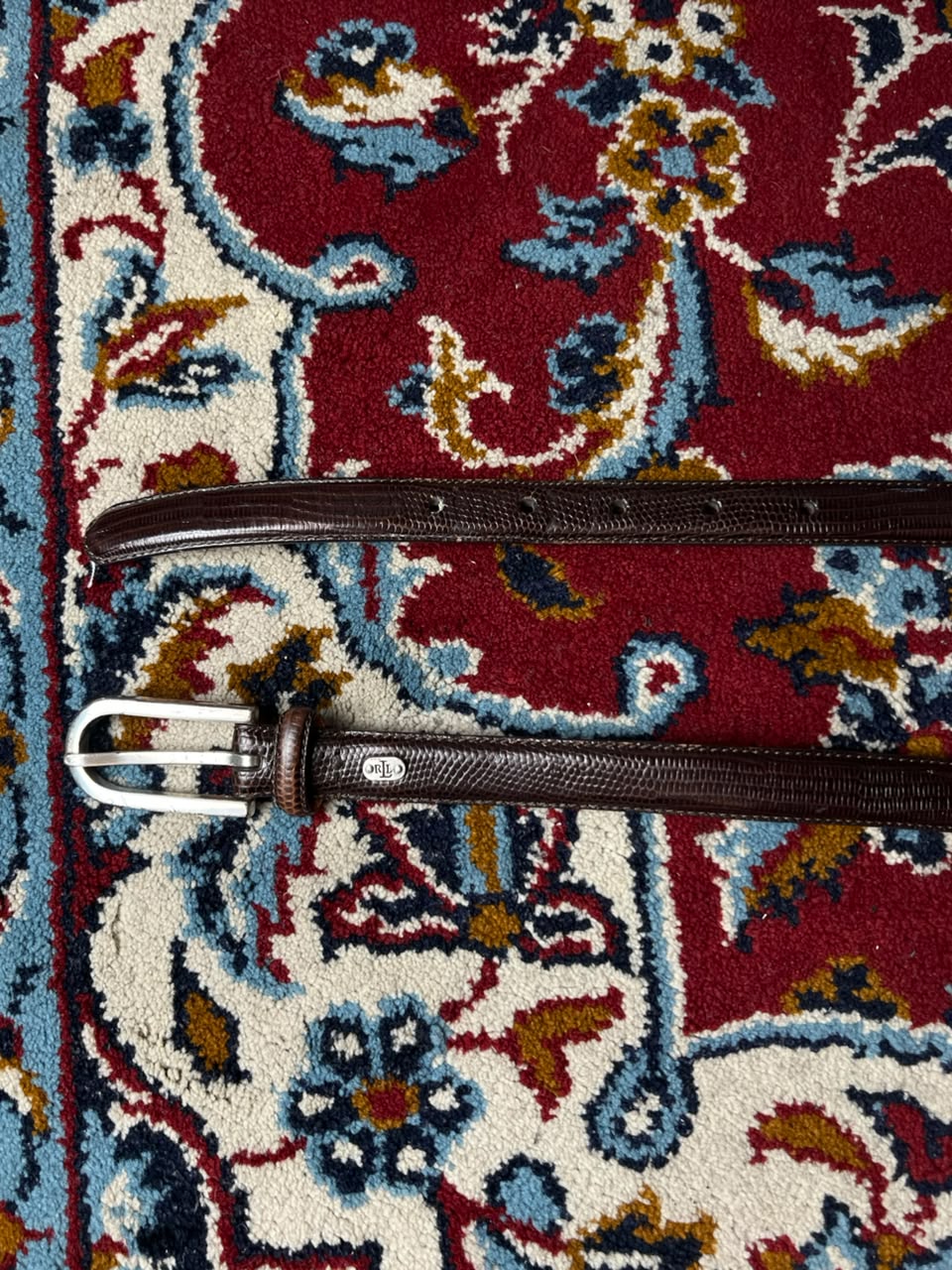 Lauren Ralph Lauren Brown Lizard Embossed Leather Belt Metal Logo Plaque Silver Buckle