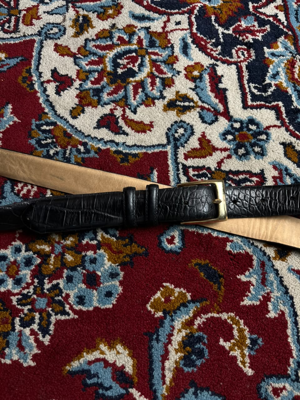 Vintage Black Croc Embossed Leather Belt Gold Buckle Double Keeper