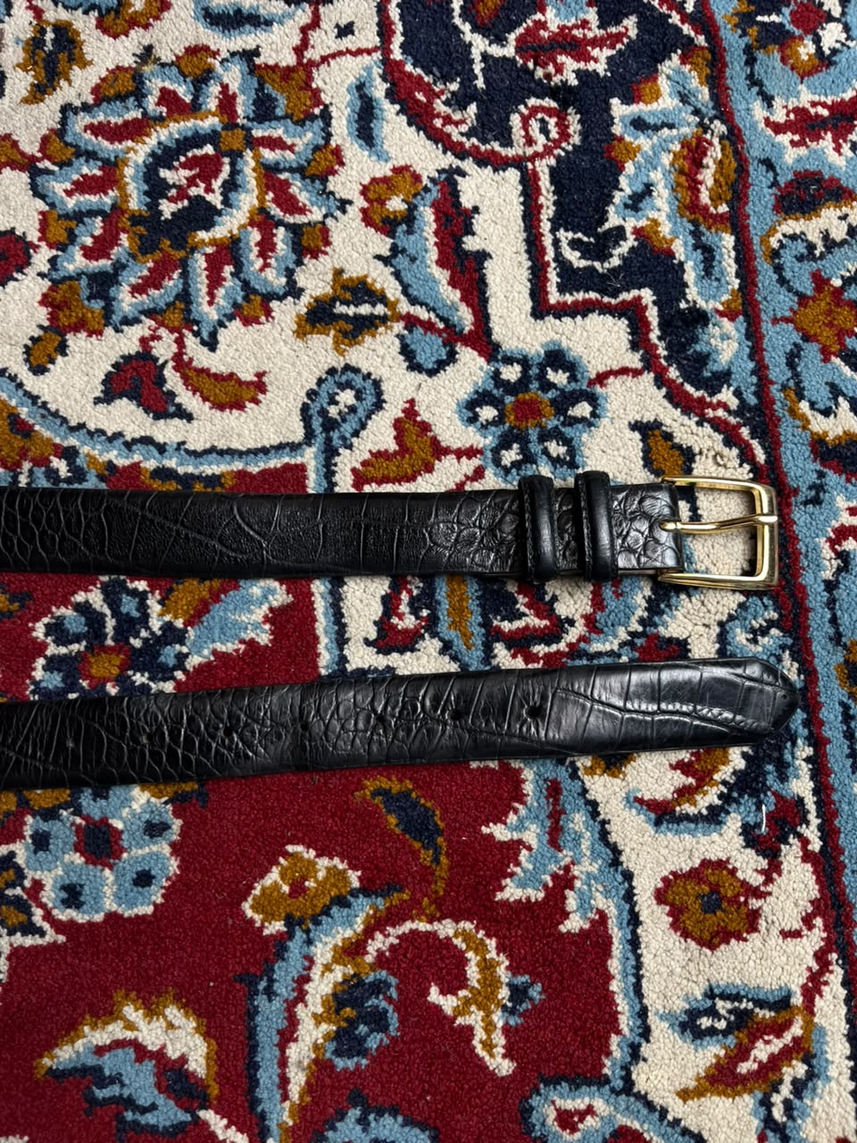Vintage Black Croc Embossed Leather Belt Gold Buckle Double Keeper