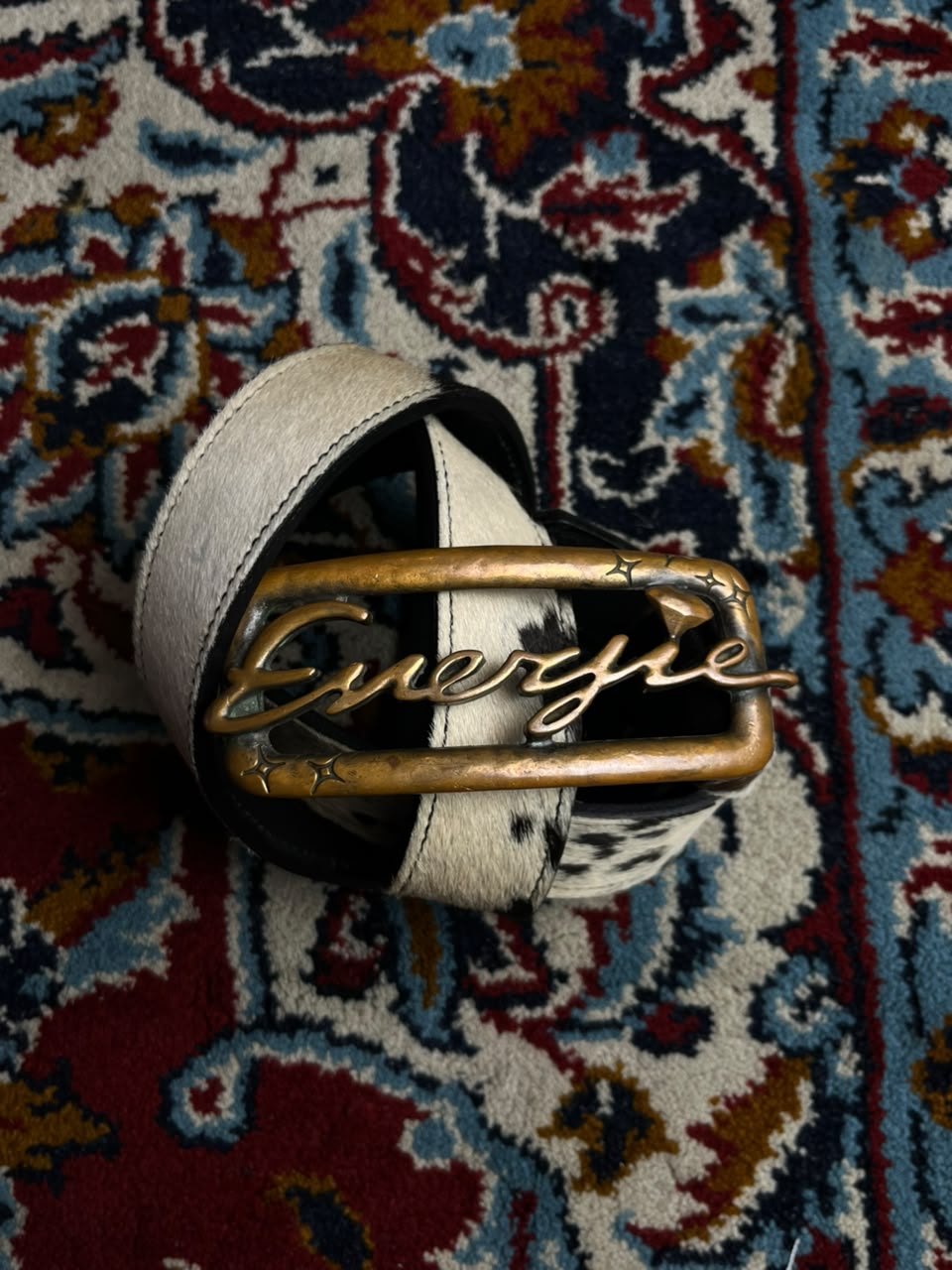 Energjie Vintage Calf Hair Leather Belt Brass Logo Buckle Made In Italy