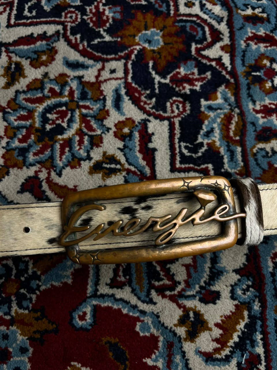 Energjie Vintage Calf Hair Leather Belt Brass Logo Buckle Made In Italy