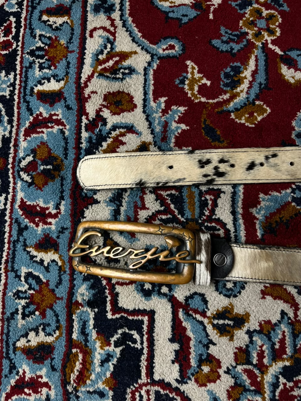 Energjie Vintage Calf Hair Leather Belt Brass Logo Buckle Made In Italy