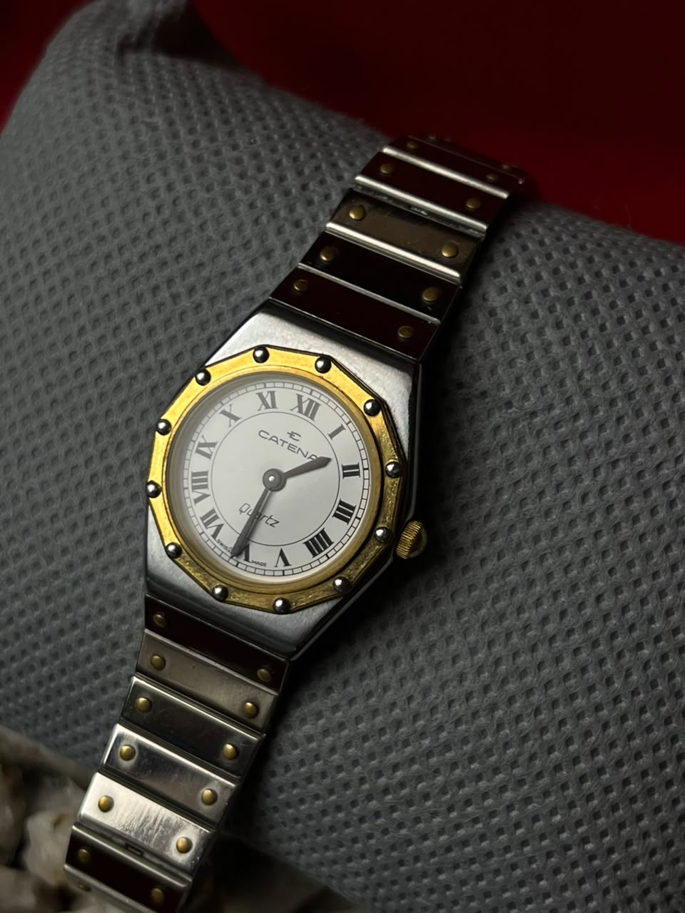 Vintage Catena Swiss Quartz Two Tone Watch White Roman Dial 1980s