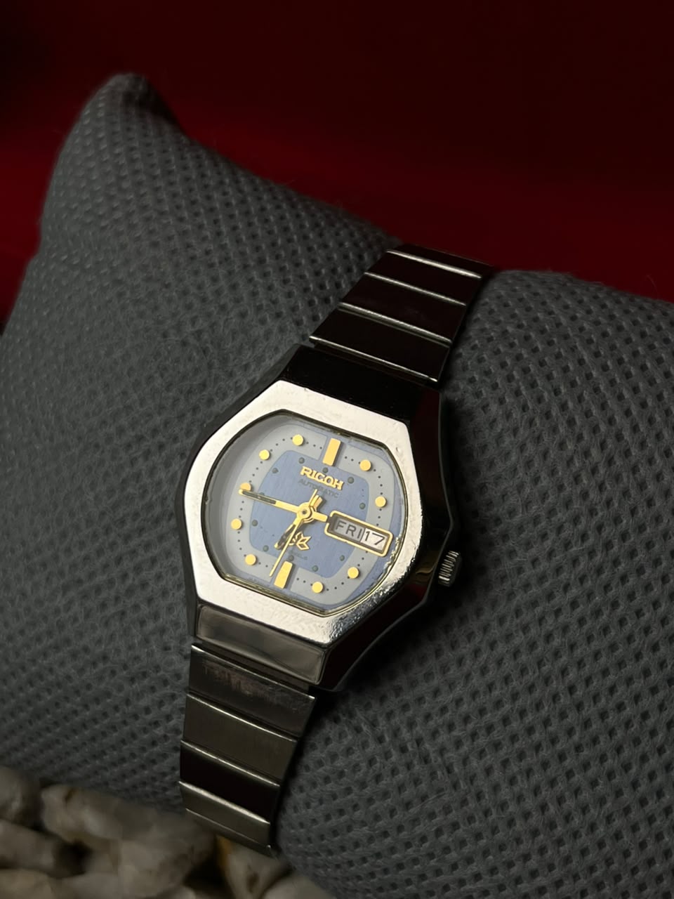 Vintage 1980s Ricoh Automatic 21 Jewels Blue Dial Watch Hexagon Case