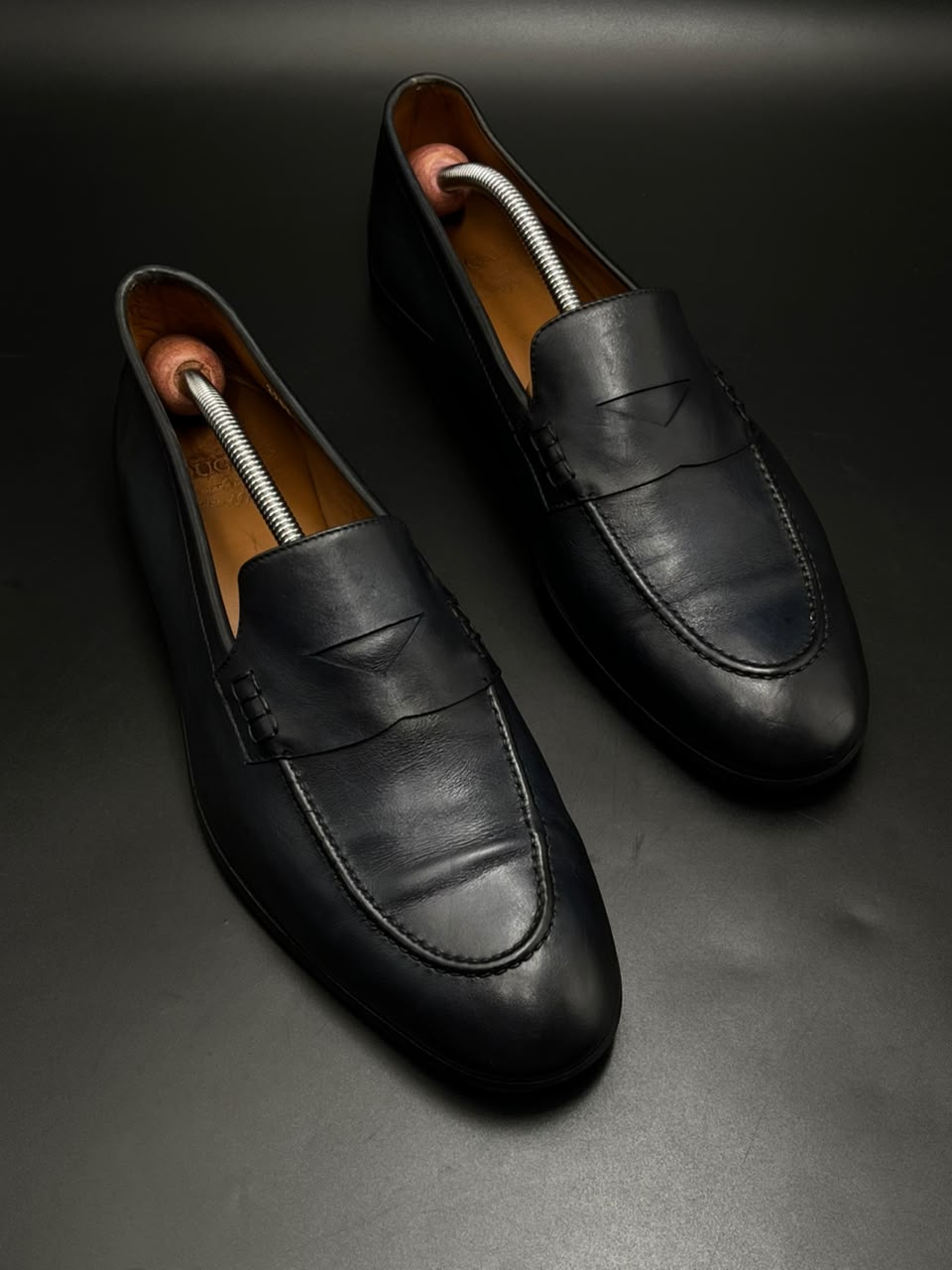 Doucals Black Leather Handmade Penny Loafers - 44