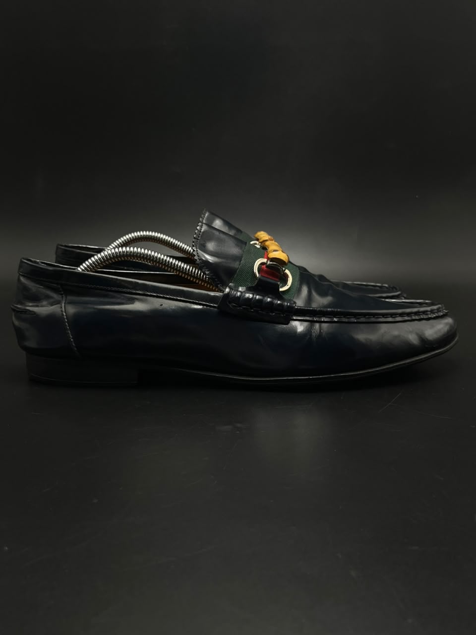 GUCCI Mens Vintage Navy Blue Leather Bamboo Web Bit Loafers - 43